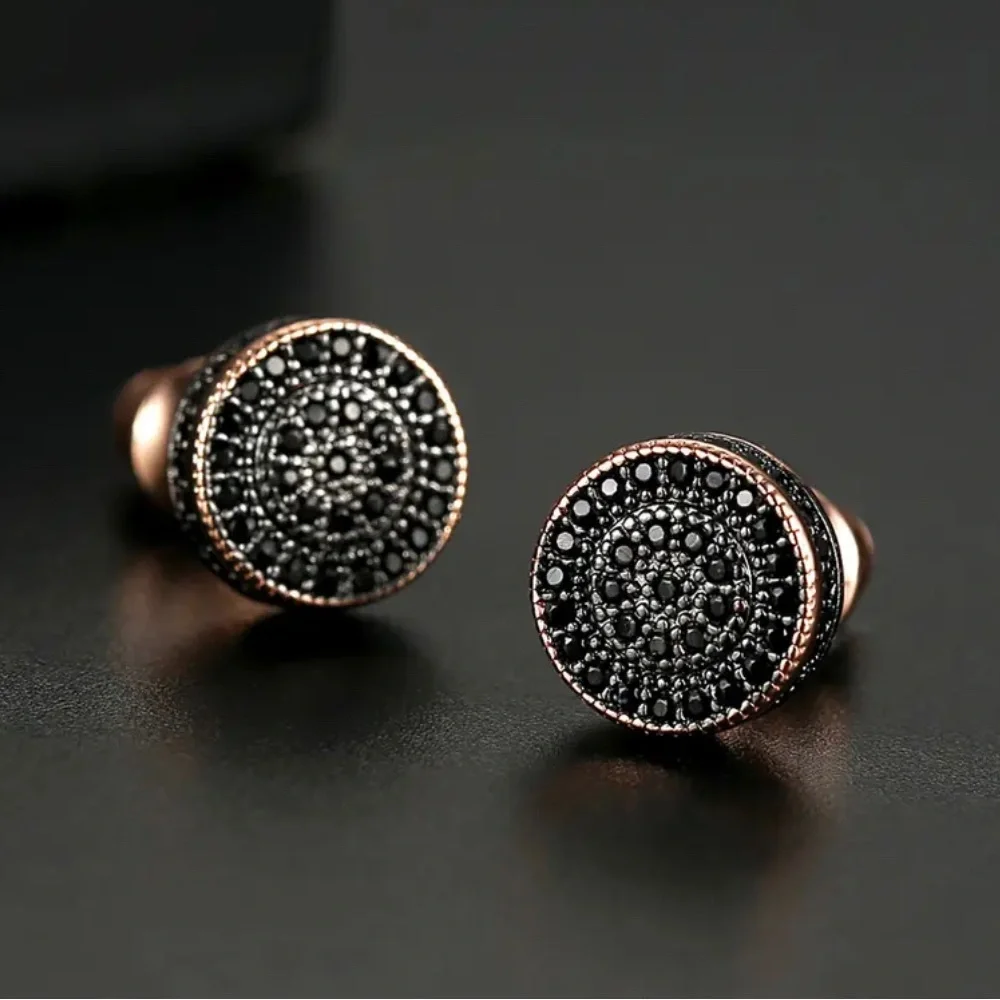 Small Round Black and Gold Stud Earrings for Women - Picture 2 of 5